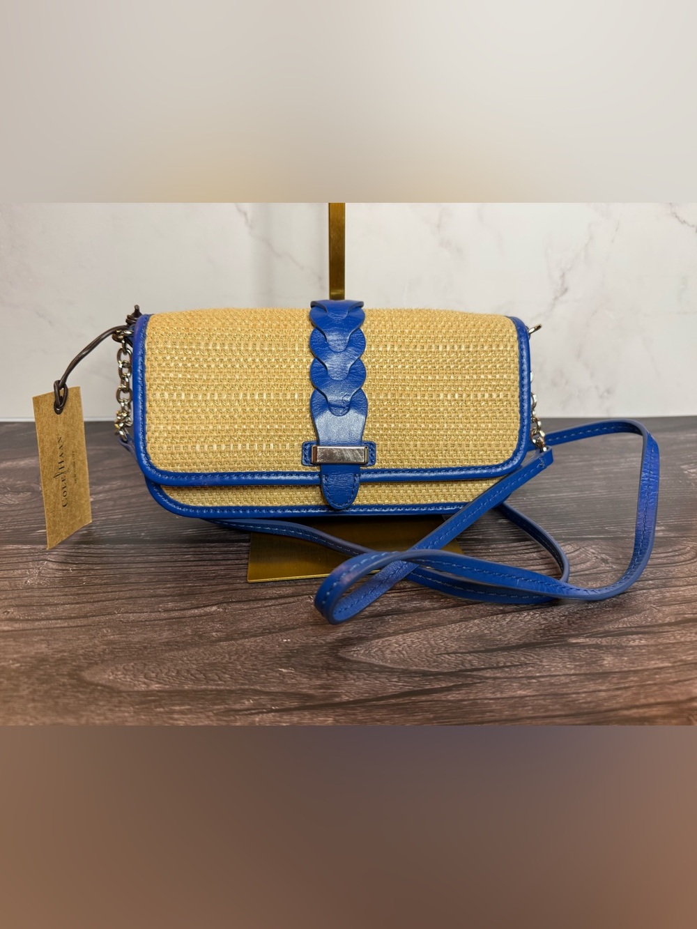 Cole Haan Bedford Flap Crossbody Empire Blue Woven Straw Leather B41465